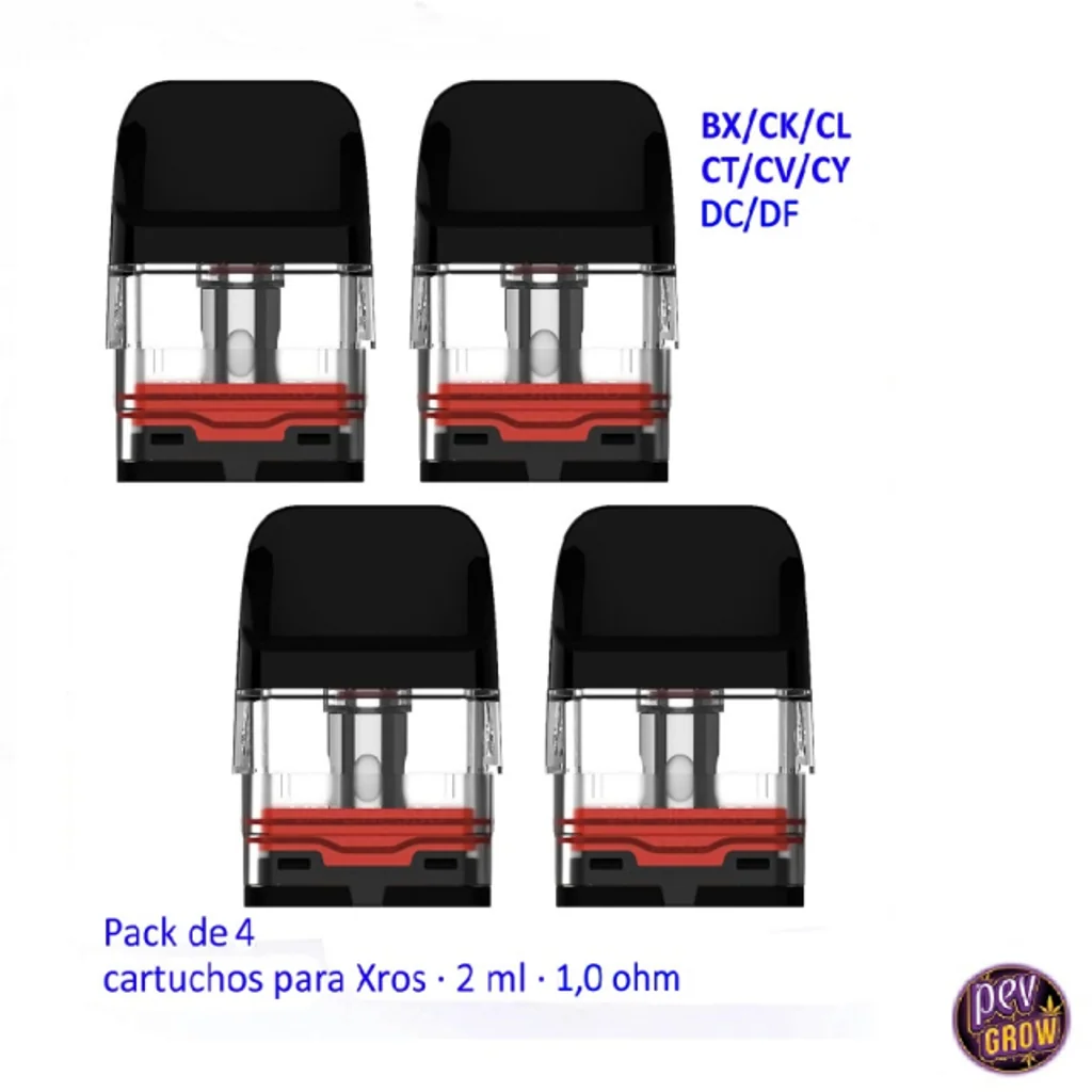 Cartuchos recargables para Xros con boquilla negra, depósito transparente y juntas rojas; el texto indica pack de 4, 2 ml y 1,0 ohm. Cartuchos recargables para Xros con boquilla negra, depósito transparente y juntas rojas; el texto indica pack de 4, 2 ml y 1,0 ohm.