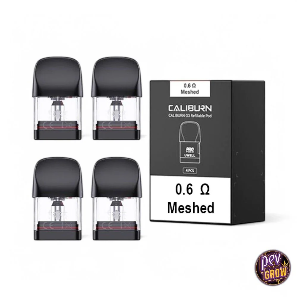 Cartuchos Caliburn G3 transparentes con boquilla negra junto a su caja, rotulada con resistencia de 0,6 ohmios Meshed.