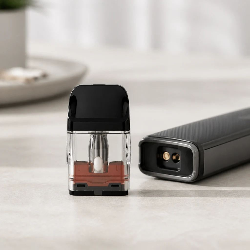 Pod recargable transparente con boquilla negra, colocado de pie junto al cuerpo de un vaporizador tumbado con los contactos visibles.