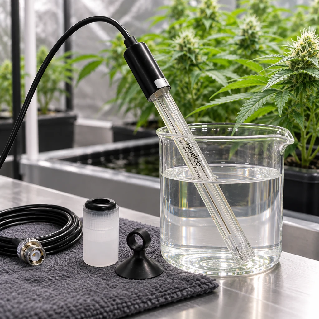 Escena generada de una sonda de pH inclinada en un vaso con líquido transparente, junto a su cable y accesorios, con plantas al fondo.