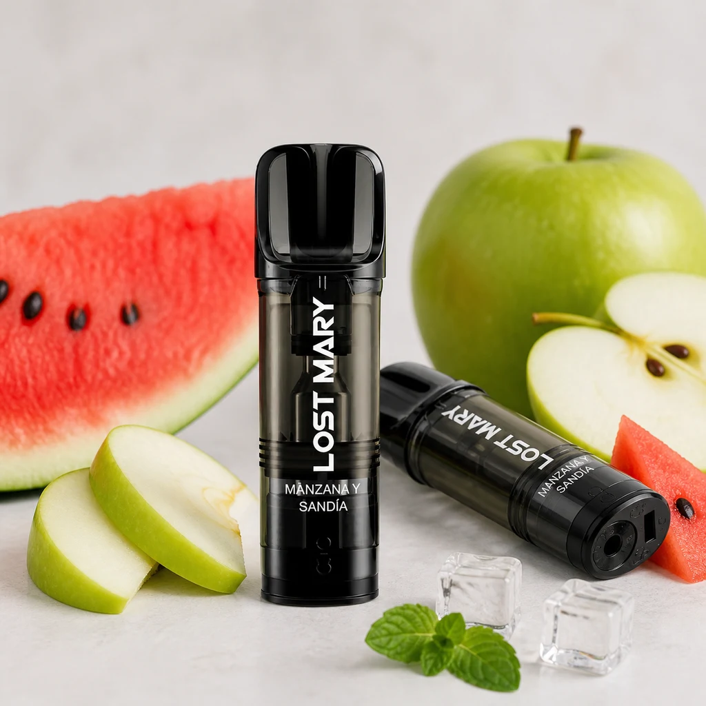 Dispositivos negros Lost Mary con texto «Manzana y sandía», uno vertical y otro tumbado, rodeados de fruta, hielo y hojas de menta.