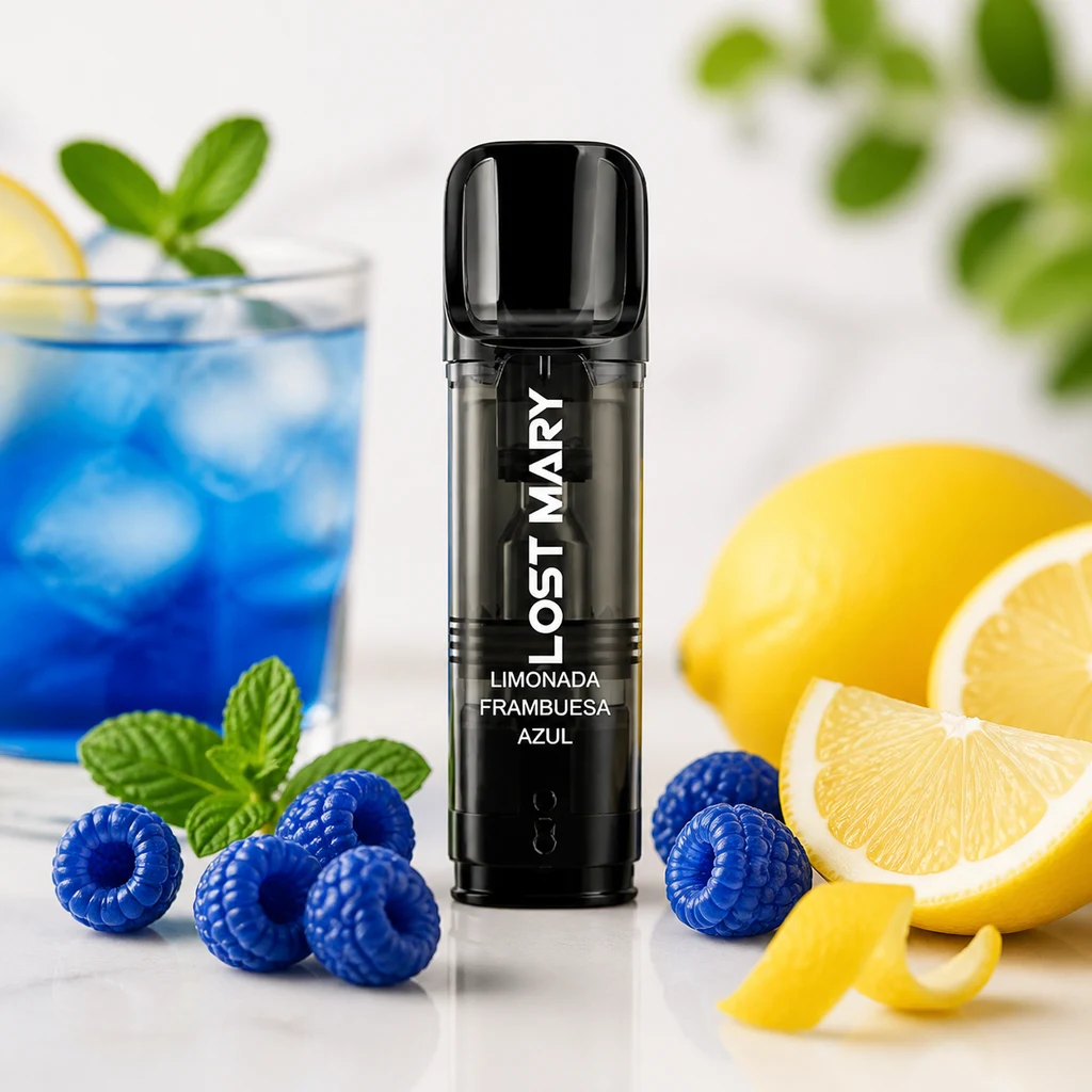 Dispositivo negro Lost Mary con texto Limonada Frambuesa Azul, rodeado de frambuesas azules, limón y un vaso de bebida azul.