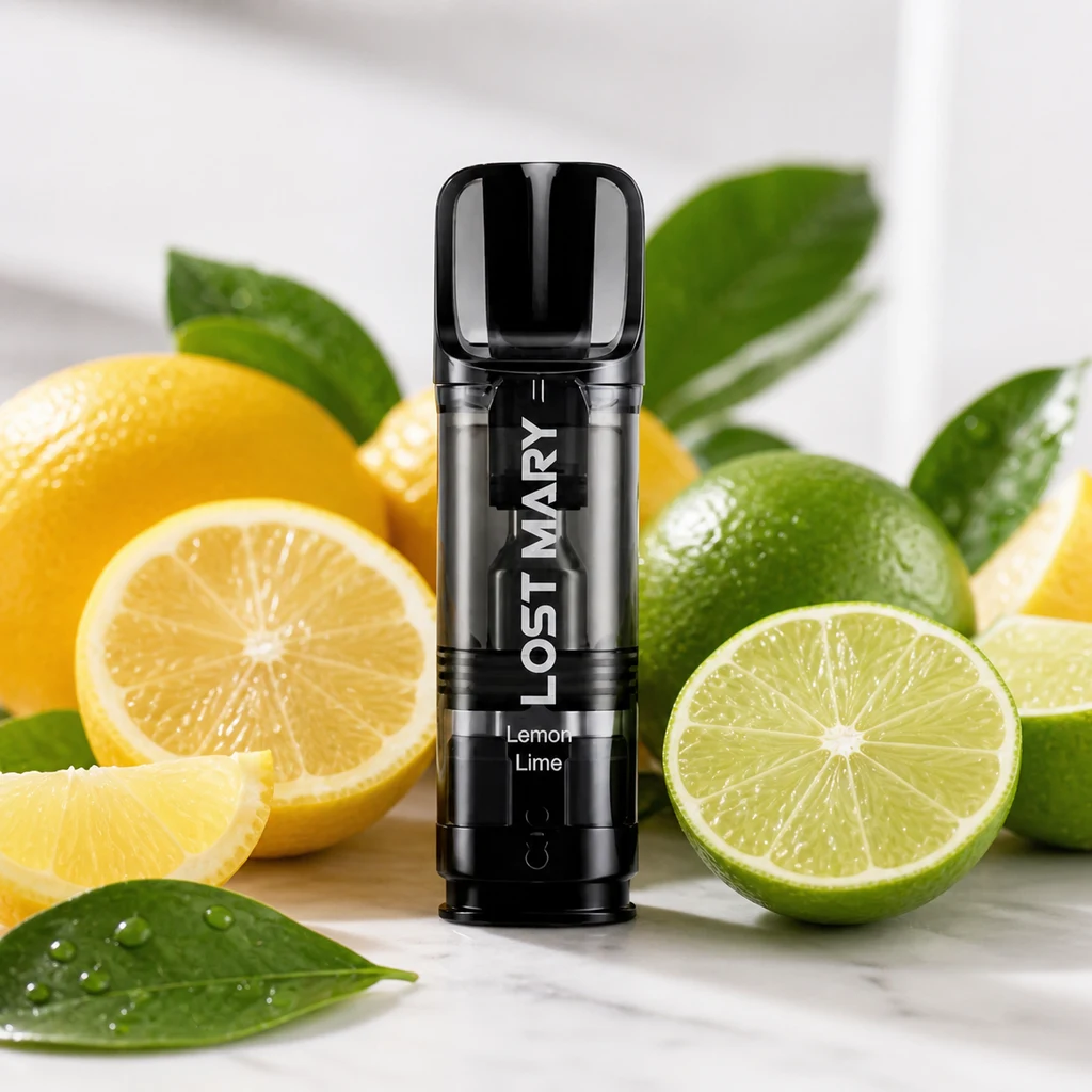 Dispositivo negro Lost Mary con boquilla ancha y texto «Lemon Lime», colocado entre limones, limas cortadas y hojas verdes.