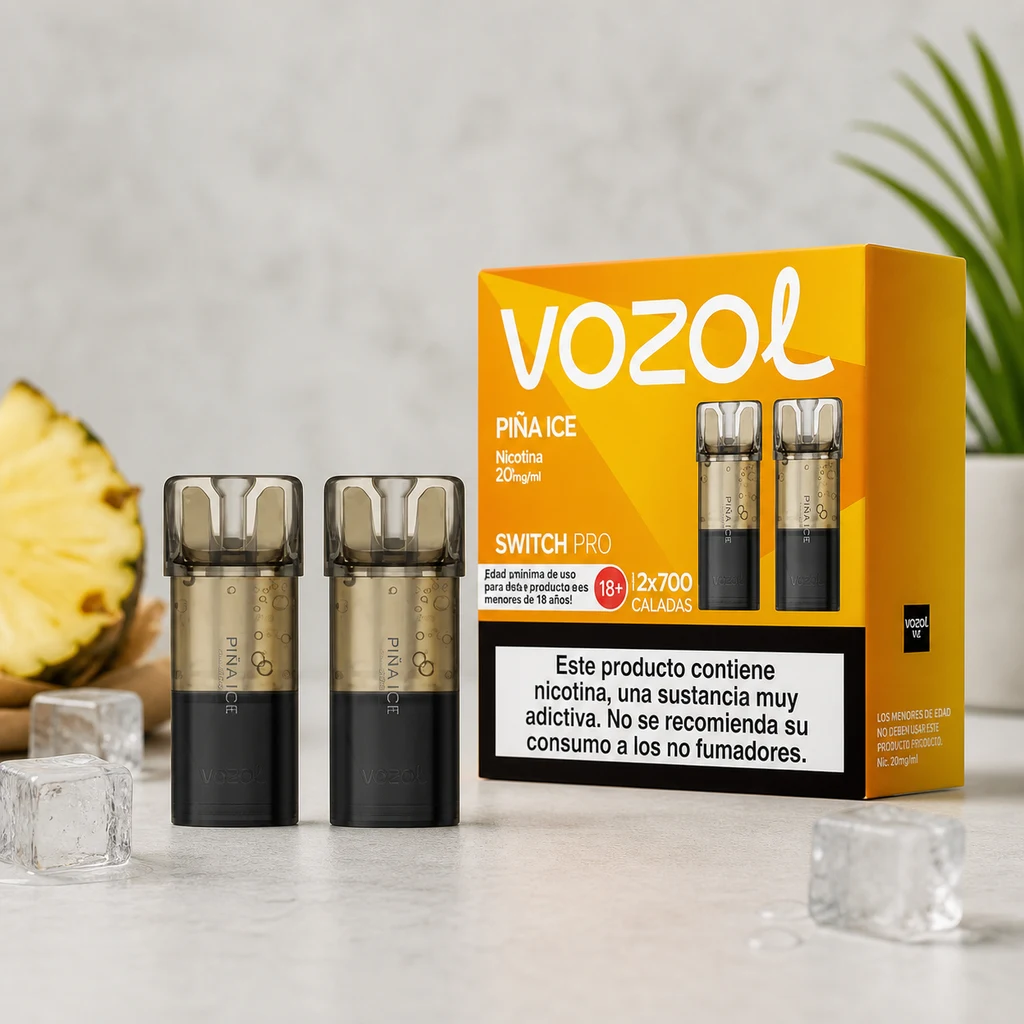 Pods Vozol Switch Pro Piña Ice junto a su caja naranja, con la indicación de nicotina 20 mg/ml, piña y cubitos de hielo alrededor.