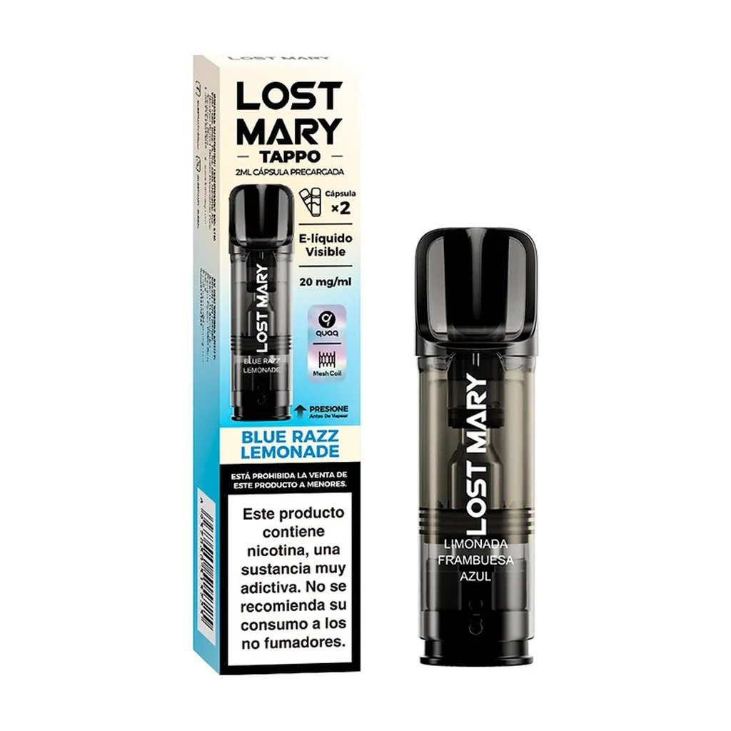 Cartucho Lost Mary Tappo Blue Razz Lemonade con boquilla negra junto a su caja blanca y turquesa, rotulada 20 mg/ml.