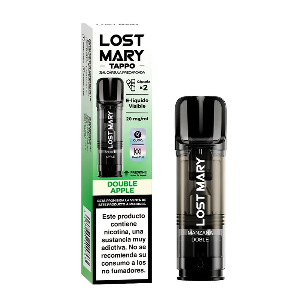 Cartucho Lost Mary Tappo Double Apple con boquilla negra junto a su caja verde y blanca, marcada con 20 mg/ml y aviso de nicotina.