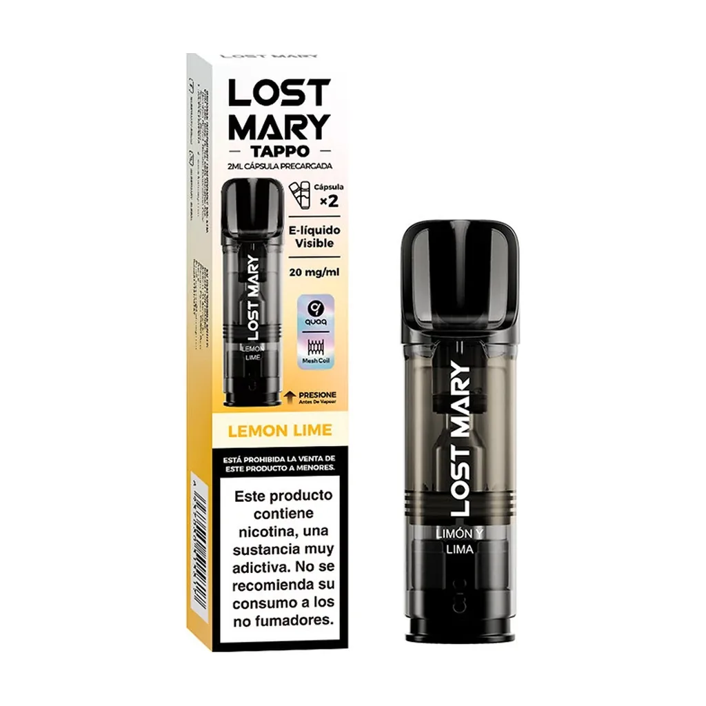 Cartucho Lost Mary Tappo Lemon Lime junto a su caja blanca y amarilla, con indicaciones de 2 ml, 20 mg/ml y advertencia sobre nicotina.