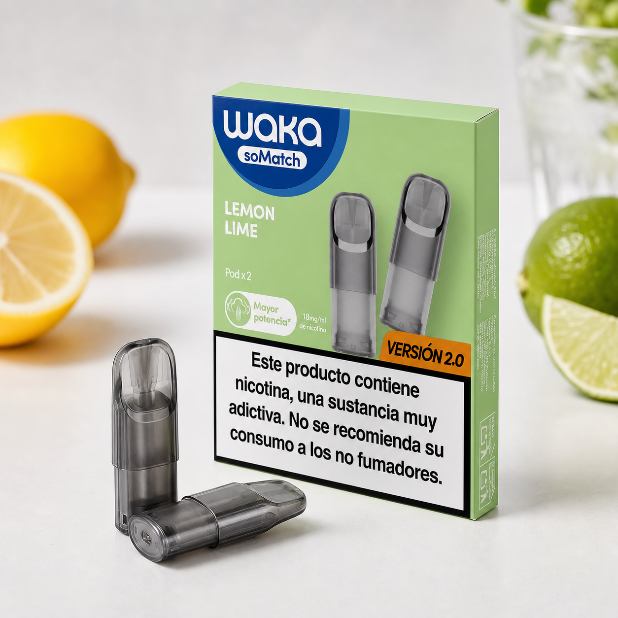Caja verde Waka soMatch Limón Lima versión 2.0, con dos pods delante, limones a la izquierda y limas a la derecha.