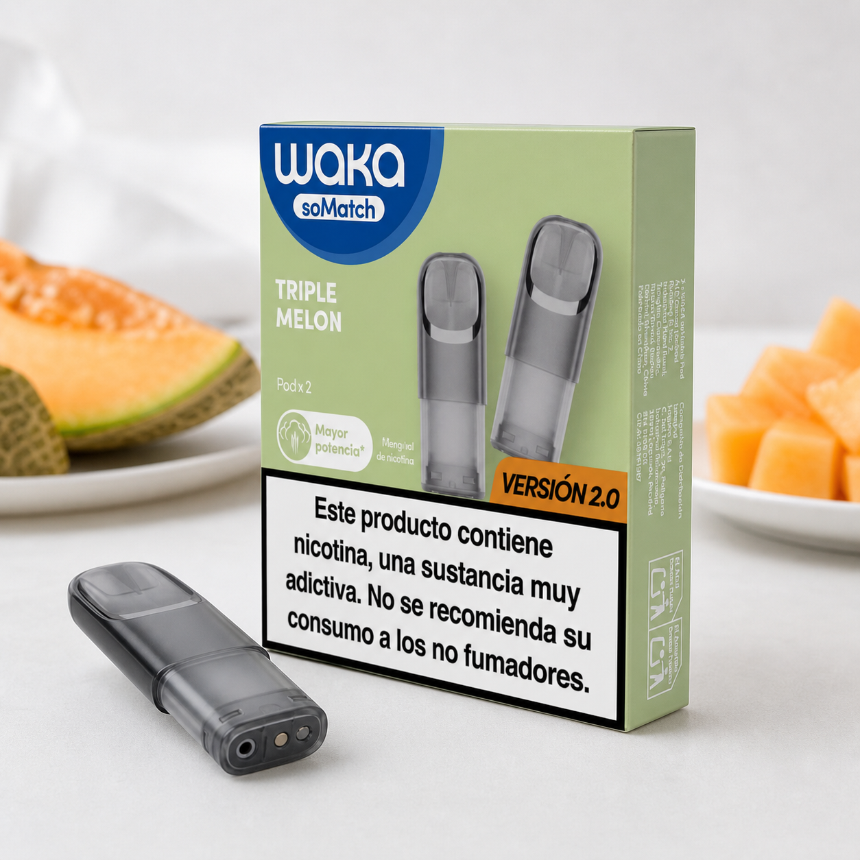 Caja verde Waka soMatch Triple Melón versión 2.0, con advertencia de nicotina, un pod delante y melón al fondo.