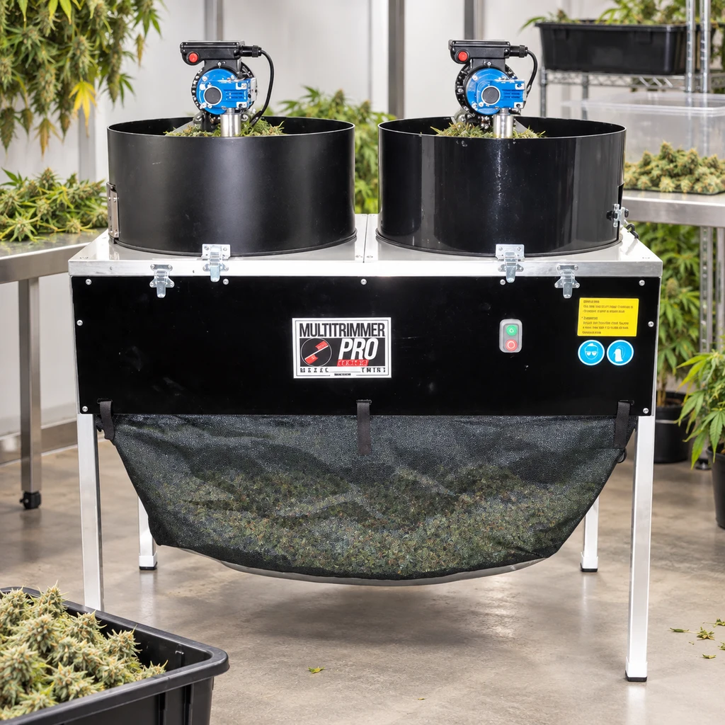 Escena generada de la Oruga Verde Multitrimmer Twins con dos depósitos circulares negros y bolsa inferior, rodeada de material vegetal.