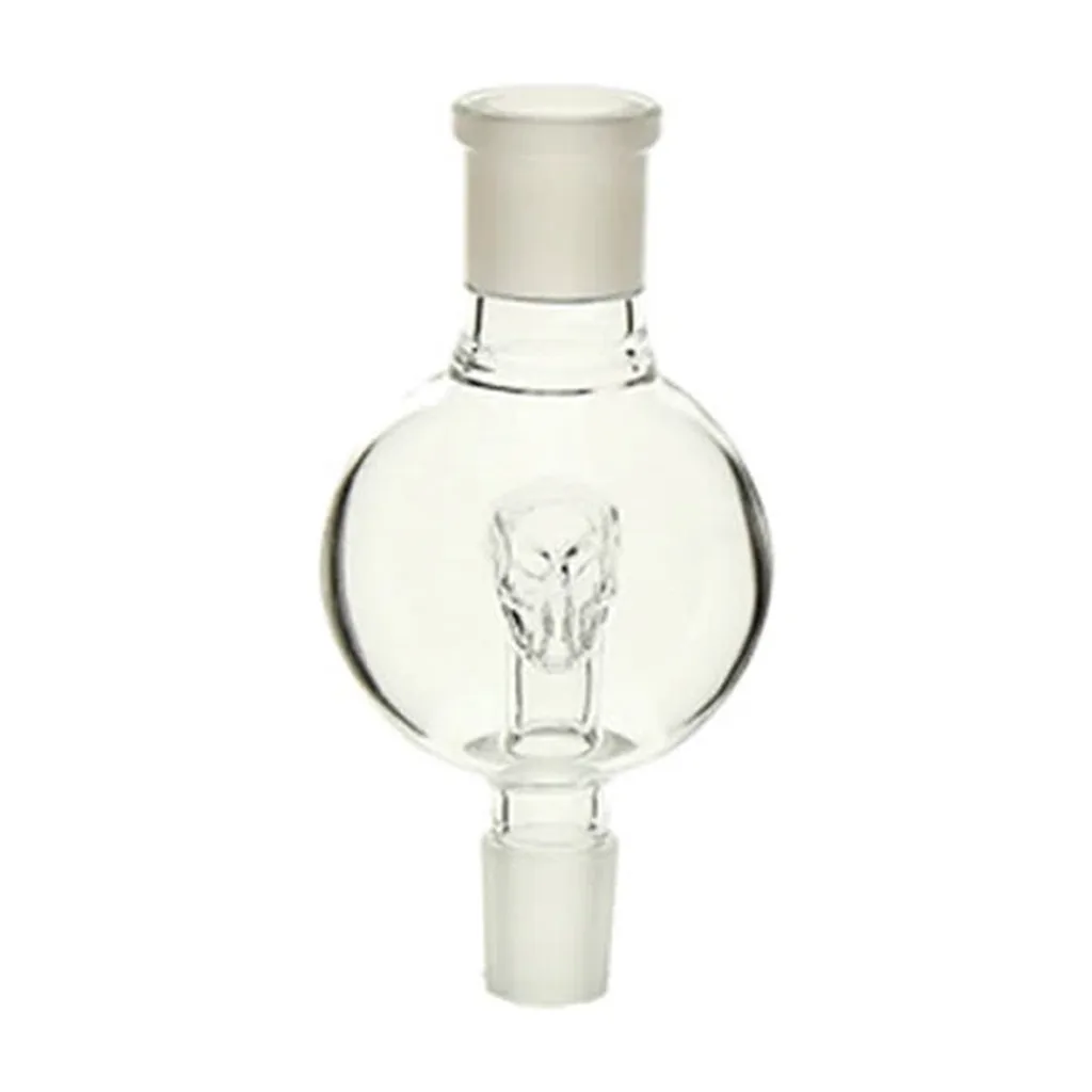 Recuperador de cristal Calavera El Badia, con cámara esférica transparente, calavera interior y conexiones arriba y abajo.