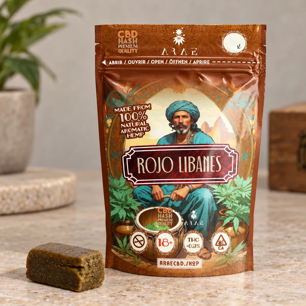 Escena generada de una bolsa Rojo Libanés con un personaje ilustrado con turbante y un bloque marrón situado delante.