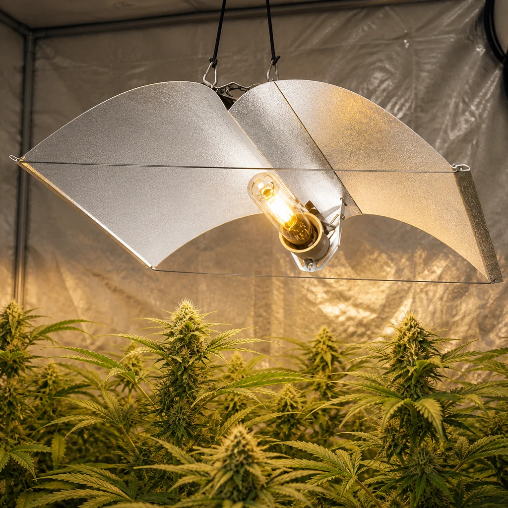 Reflector Azerwing Prima Klima de dos alas plateadas, suspendido con una bombilla encendida sobre plantas en un armario de cultivo.