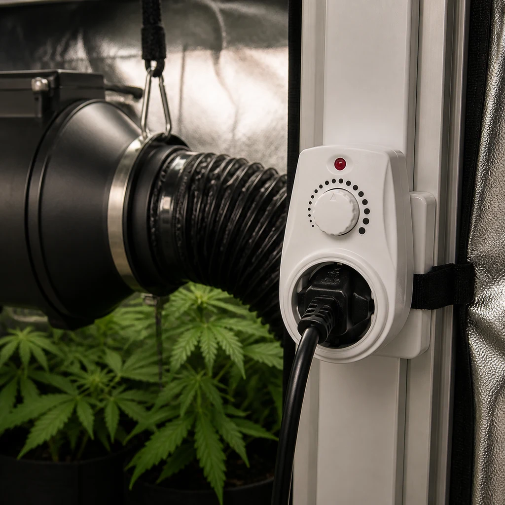 Controlador de velocidad blanco con mando circular, piloto rojo y enchufe conectado, junto a un extractor y un conducto negro.