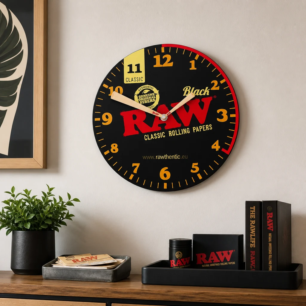 Reloj de pared RAW Black con esfera negra, números amarillos y logotipo rojo, sobre un mueble con accesorios RAW y una planta.