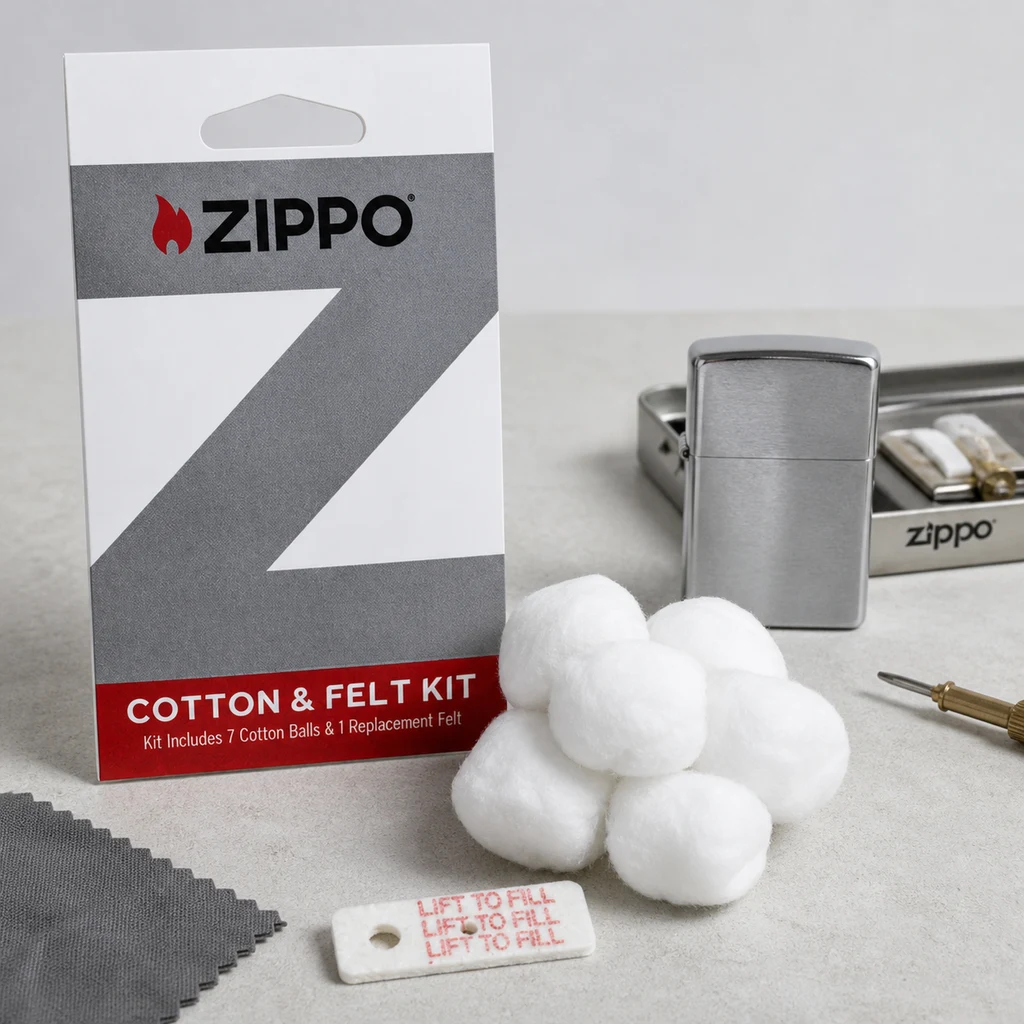 Kit Zippo de algodón y fieltro con su envase, bolas de algodón y pieza blanca perforada, junto a un encendedor metálico y un destornillador.