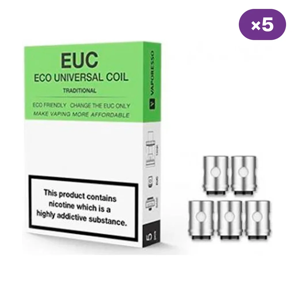 Resistencias cilíndricas plateadas junto a una caja verde y blanca Vaporesso EUC Eco Universal Coil Traditional, con distintivo de cinco unidades. Resistencias cilíndricas plateadas junto a una caja verde y blanca Vaporesso EUC Eco Universal Coil Traditional, con distintivo de cinco unidades.