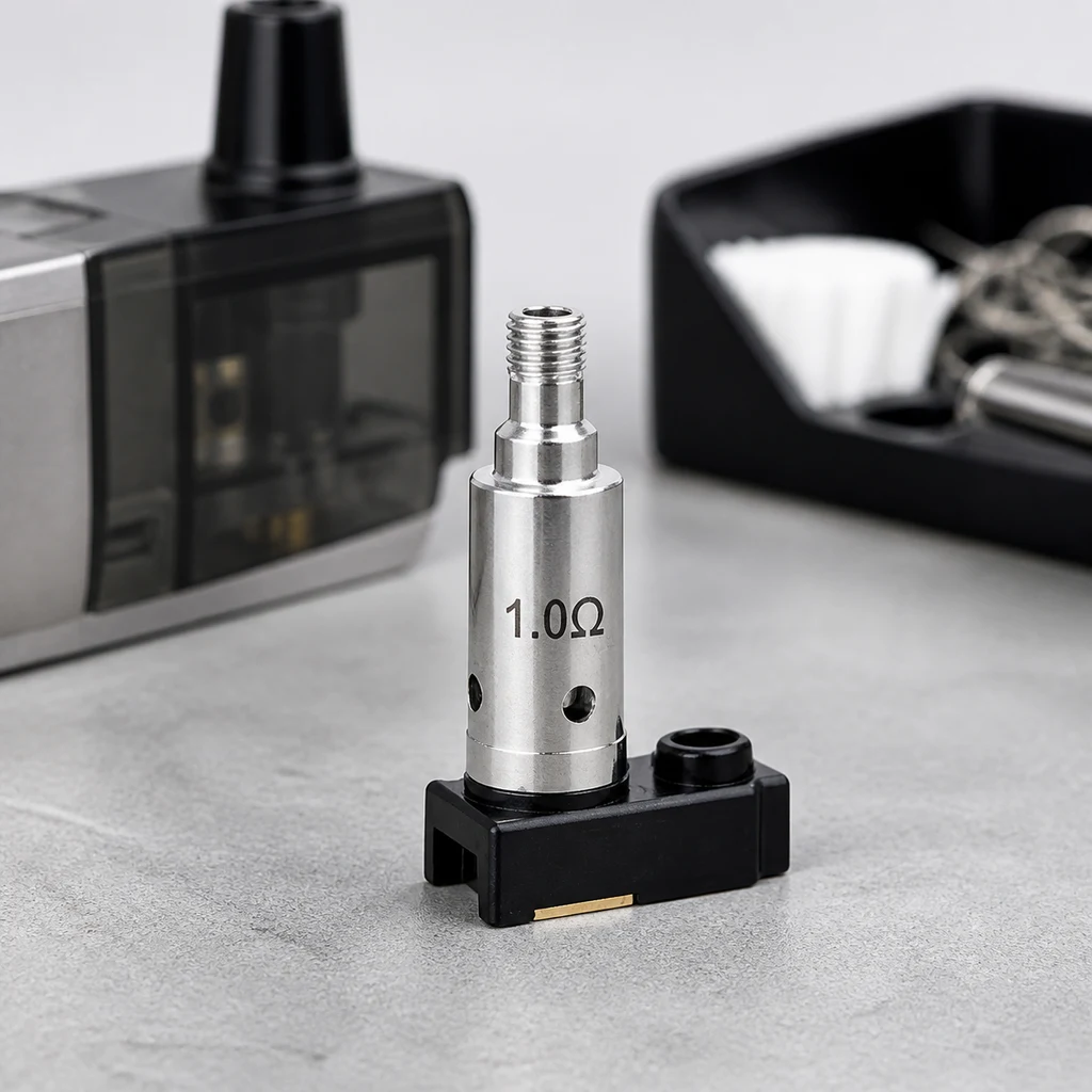 Resistencia Lost Vape Orion Q-Pro plateada, marcada con 1.0 Ω y montada en una base negra, con un vapeador desenfocado al fondo.