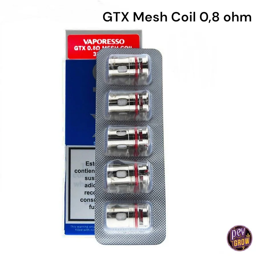 Resistencias Vaporesso GTX Mesh Coil de 0,8 ohm en un blíster vertical, con cuerpo plateado y juntas rojas, delante de su caja.