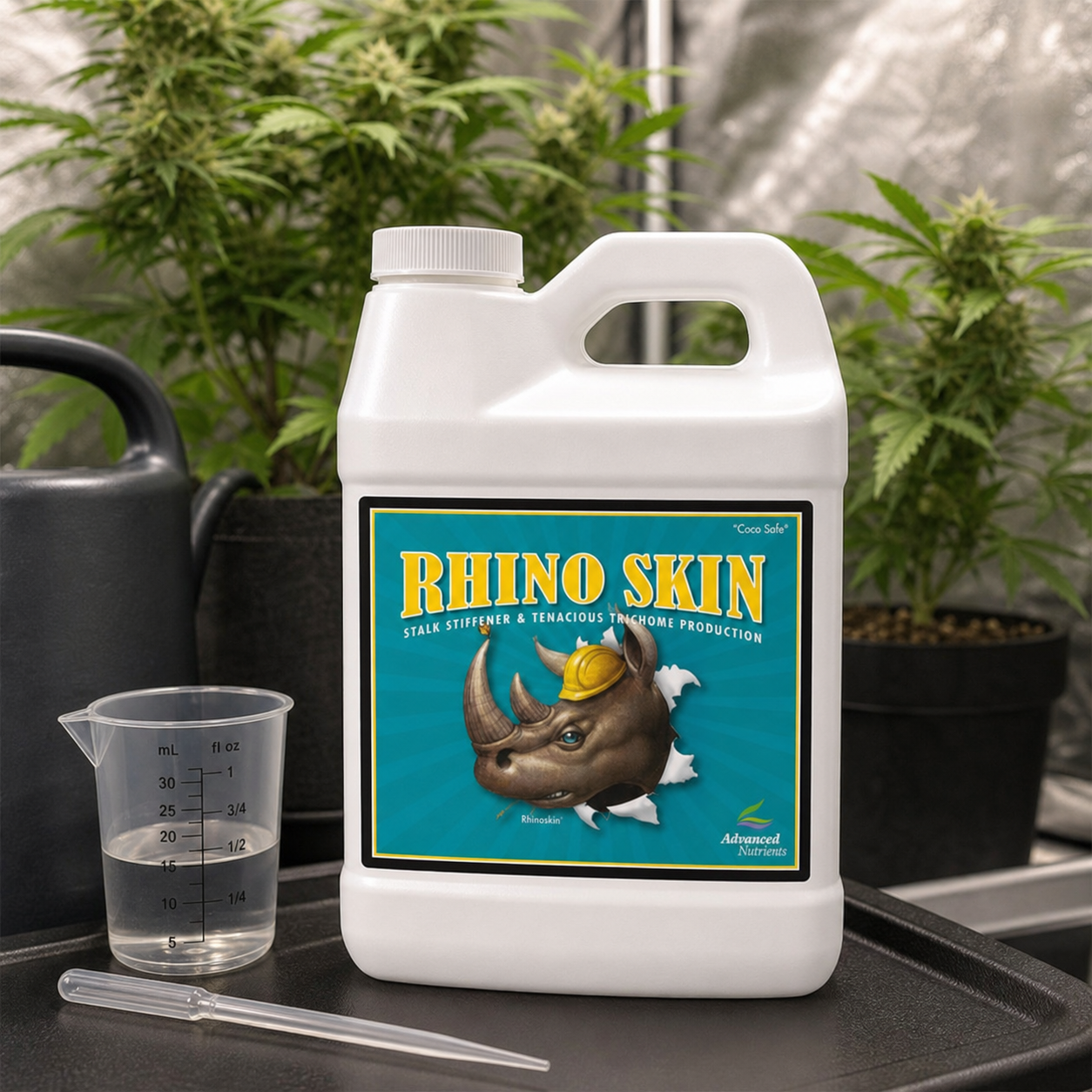 Bidón blanco de Rhino Skin Advanced Nutrients con etiqueta de rinoceronte, junto a un vaso medidor y una pipeta, delante de plantas de cannabis.