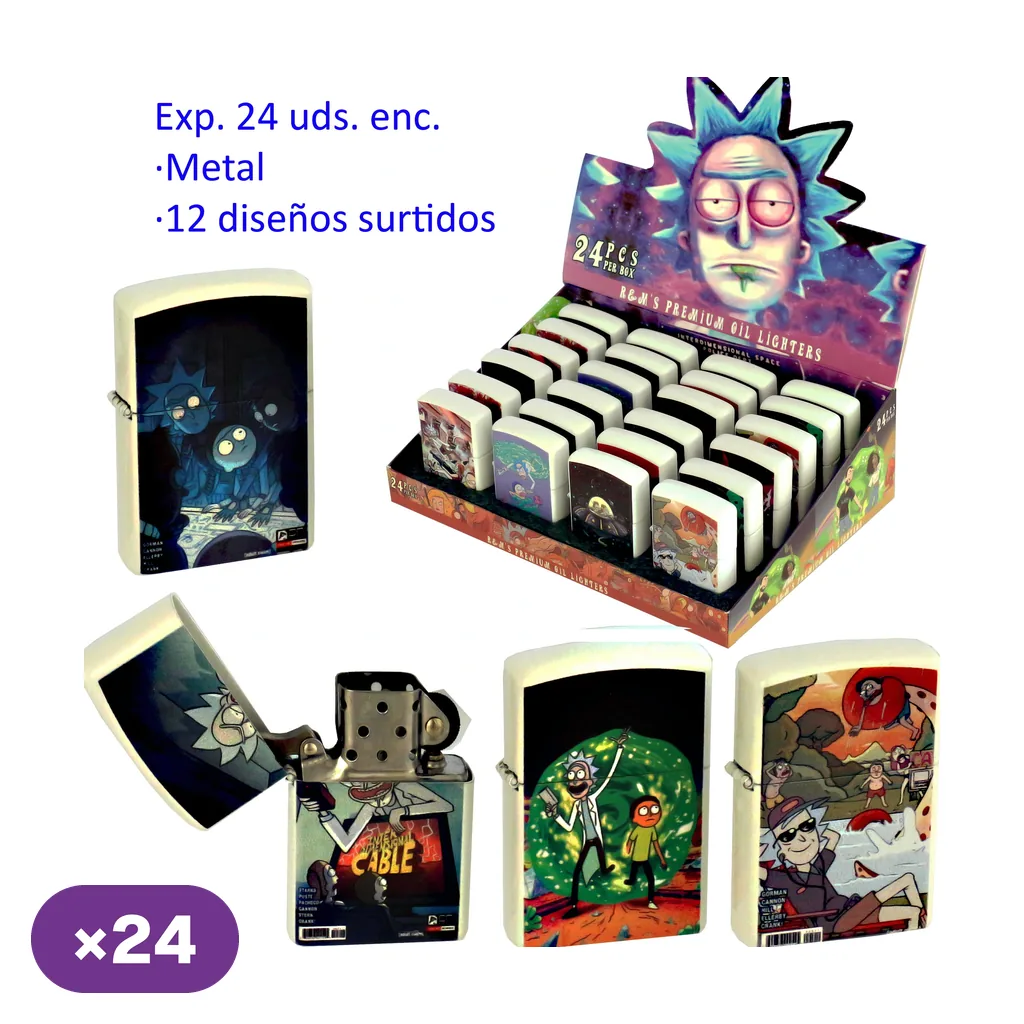 Expositor de encendedores Rick y Morty con distintos diseños y varios modelos ampliados, uno abierto; el texto indica 24 unidades y 12 diseños.