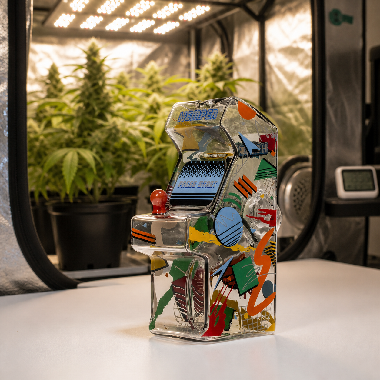 Bong Hemper Totally Rad Arcade transparente, con forma de recreativa y dibujos multicolores, sobre una mesa ante un armario de cultivo.