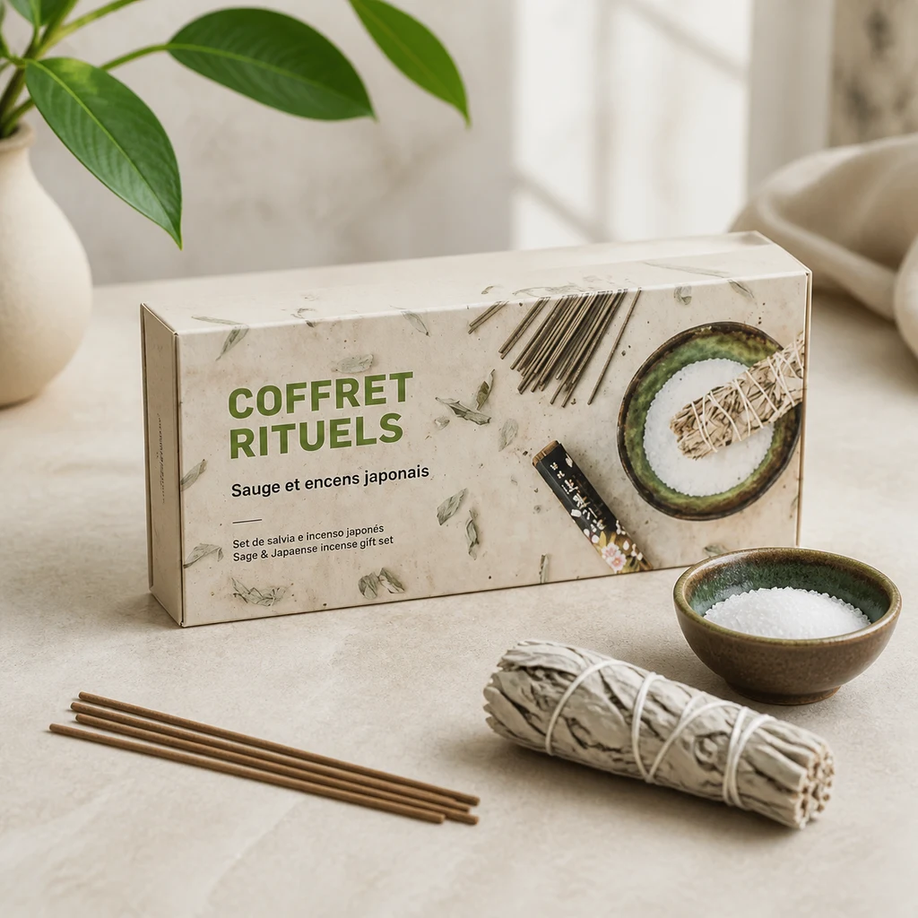 Escena generada del Kit de Rituales con caja rotulada, atado de salvia, varillas de incienso y cuenco con gránulos blancos sobre una mesa.