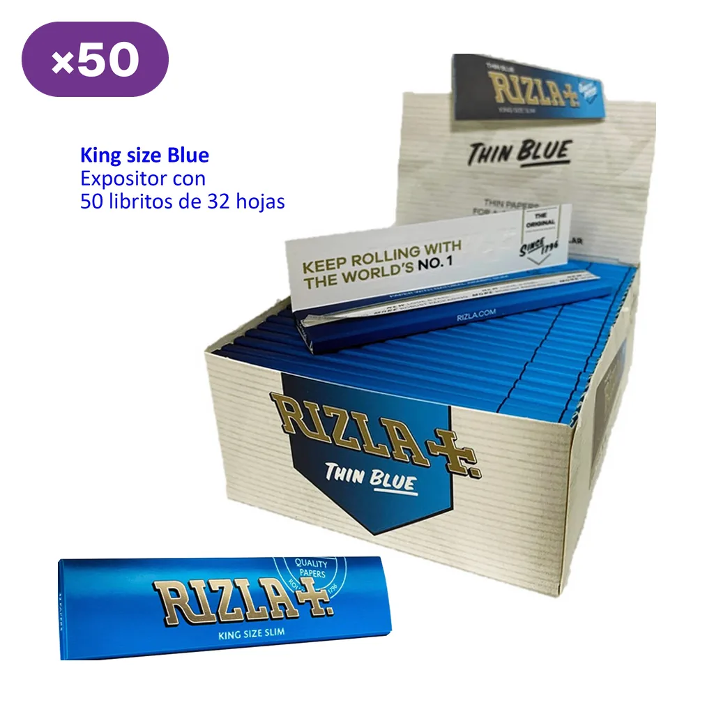 Expositor abierto de papel de liar Rizla King Size Blue con varios libritos azules y uno separado en primer plano; indica 50 libritos de 32 hojas.
