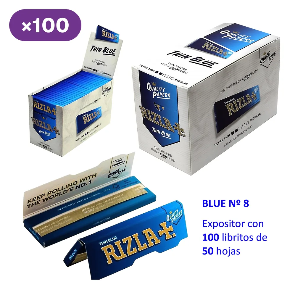 Papel Rizla Blue nº 8 con caja cerrada, expositor abierto y libritos azules; el texto indica 100 libritos de 50 hojas.