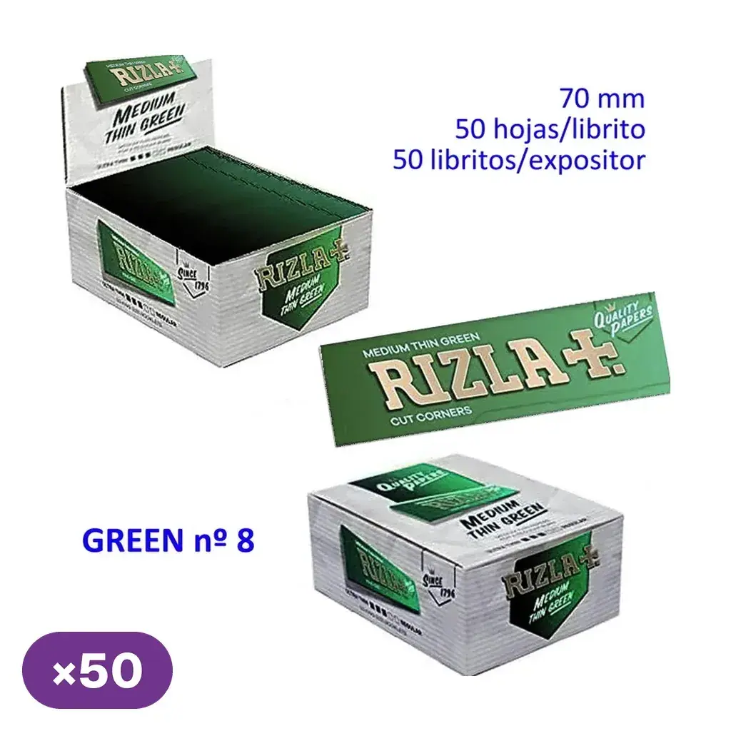 Papel Rizla Green nº 8 con un librillo verde y vistas de la caja abierta y cerrada; texto de 50 hojas por librillo y 50 librillos por expositor.