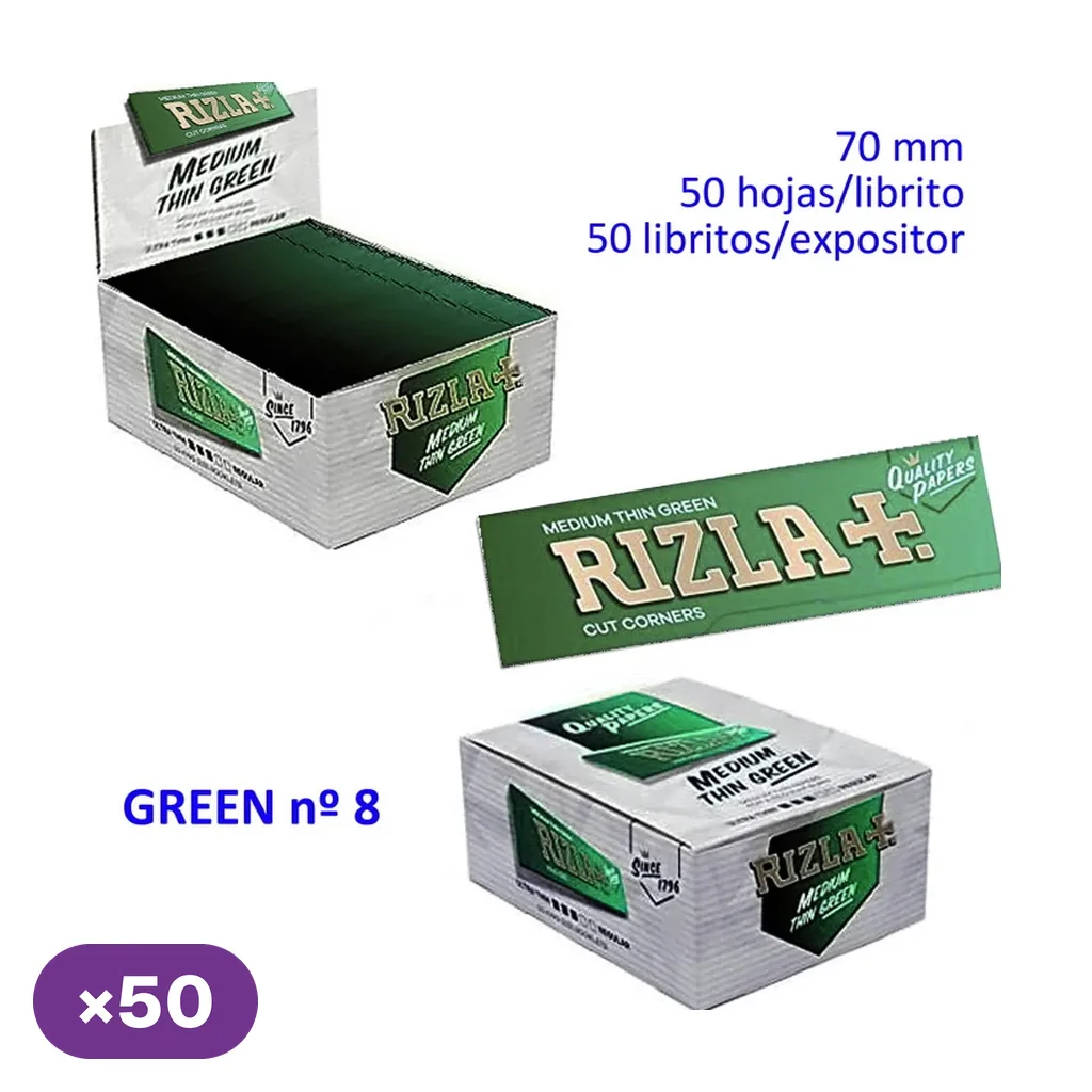 Papel Rizla Green nº 8 con un librillo verde y vistas de la caja abierta y cerrada; texto de 50 hojas por librillo y 50 librillos por expositor.