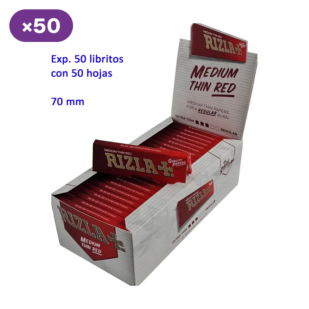 Caja expositora abierta de papel Rizla Medium Thin Red con libritos rojos; el texto indica 50 libritos con 50 hojas.