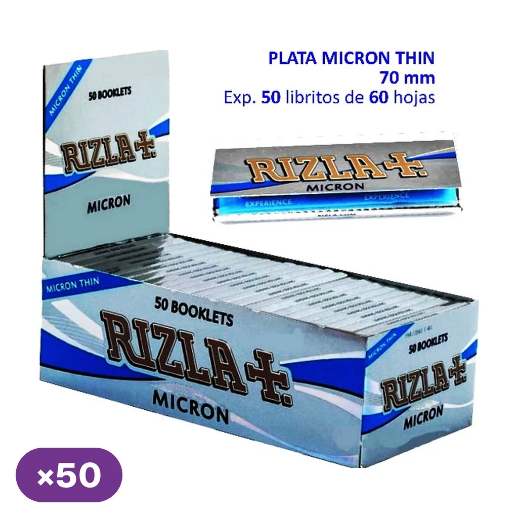 Caja expositora plateada y azul de papel Rizla Micron Thin, con varios libritos y uno separado; el texto indica 50 libritos de 60 hojas.