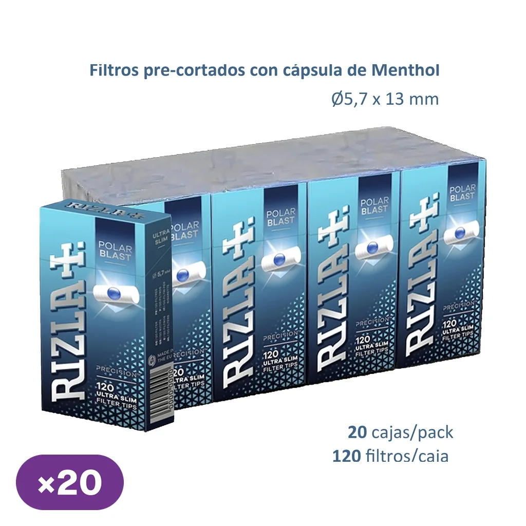 Expositor de filtros Rizla Polar Blast en cajas azules, con cápsula de mentol y rótulos de 20 cajas por pack y 120 filtros por caja. Expositor de filtros Rizla Polar Blast en cajas azules, con cápsula de mentol y rótulos de 20 cajas por pack y 120 filtros por caja.