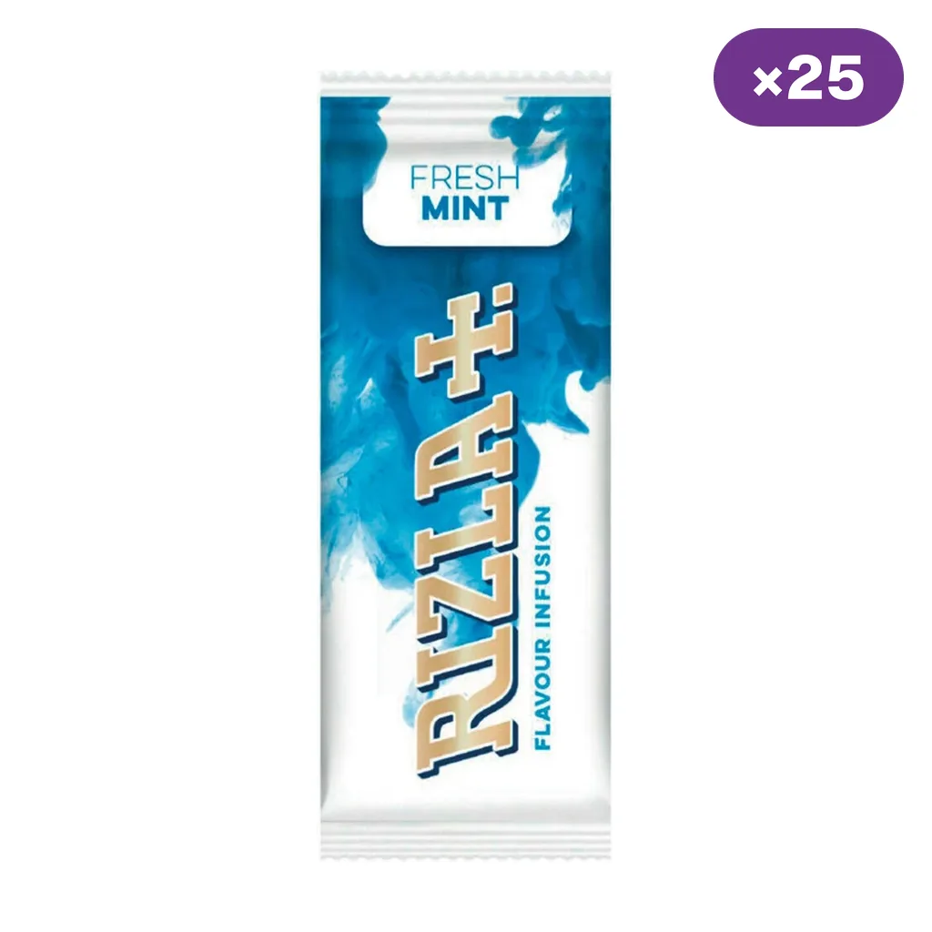 Sobre blanco y azul de tarjeta Rizla con los textos «Fresh Mint» y «Flavour Infusion», junto a un indicador de 25 unidades.