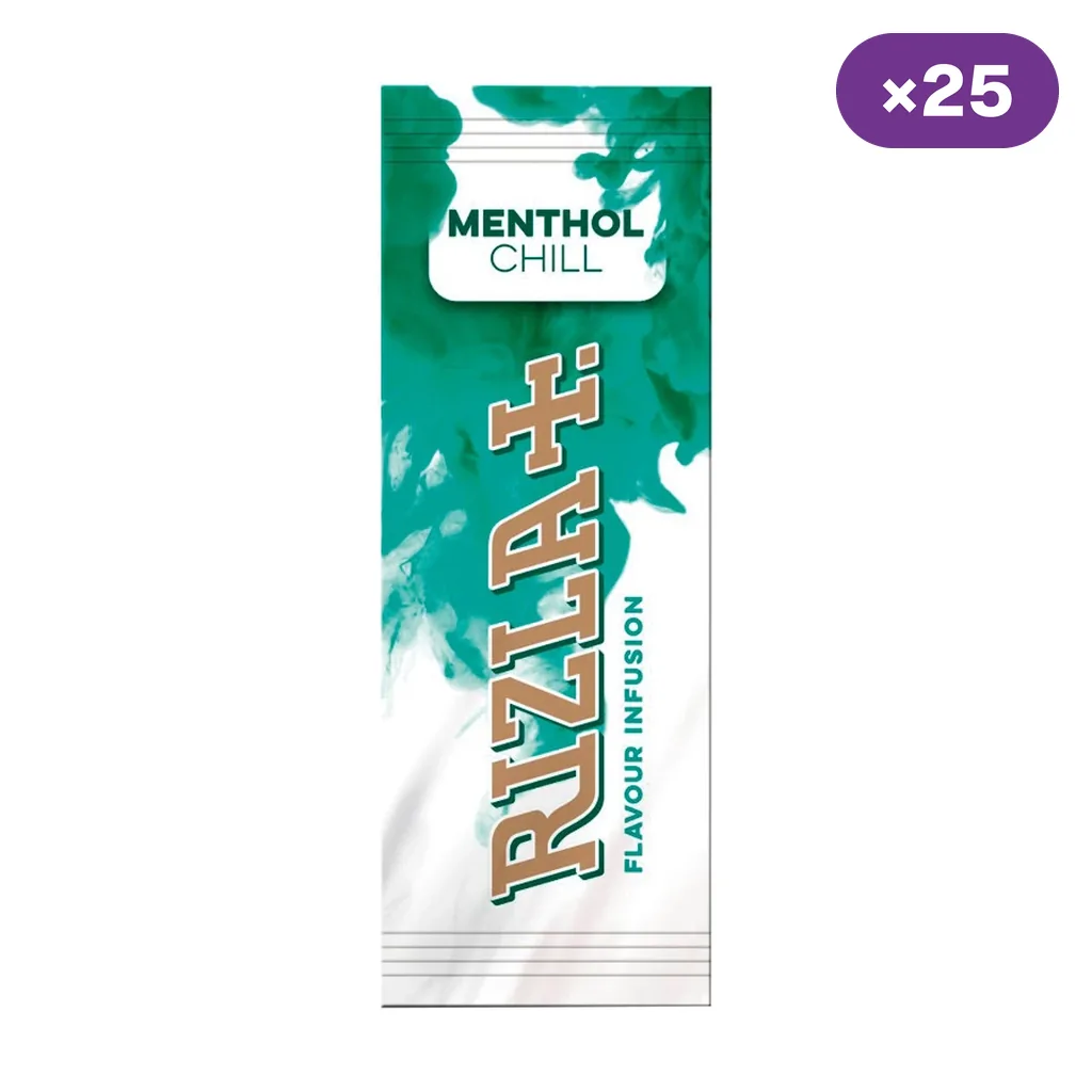 Sobre alargado Rizla Menthol Chill en verde y blanco, con el texto Flavour Infusion y un distintivo de 25 unidades.