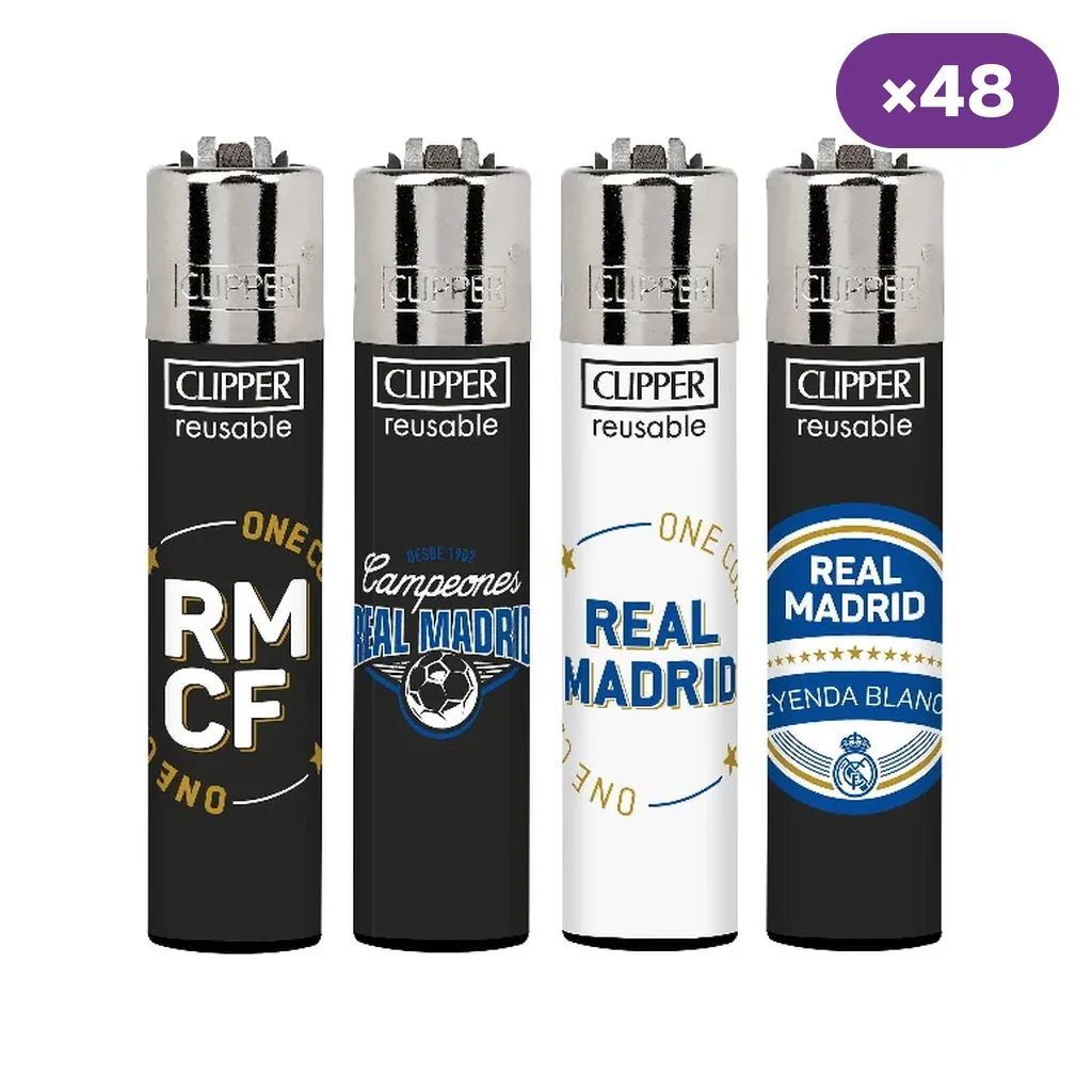 Selección de encendedores Clipper con distintos diseños del Real Madrid en negro y blanco, con un distintivo de 48 unidades.
