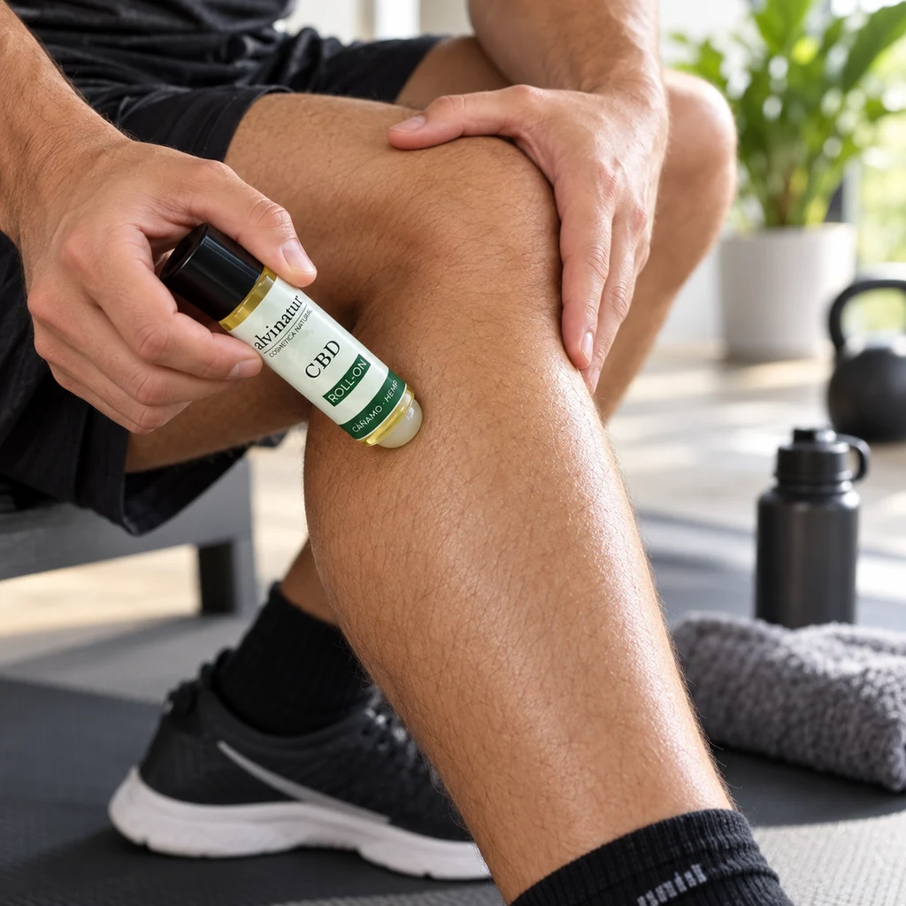 Escena generada de una persona sentada que aplica Alvinatur Roll-On CBD sobre la rodilla, con ropa deportiva y accesorios de gimnasio.