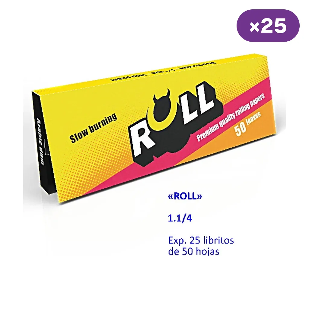 Librito amarillo de papel ROLL Slow Burning con franjas rosa y naranja; el gráfico indica formato 1 1/4 y 25 libritos de 50 hojas.