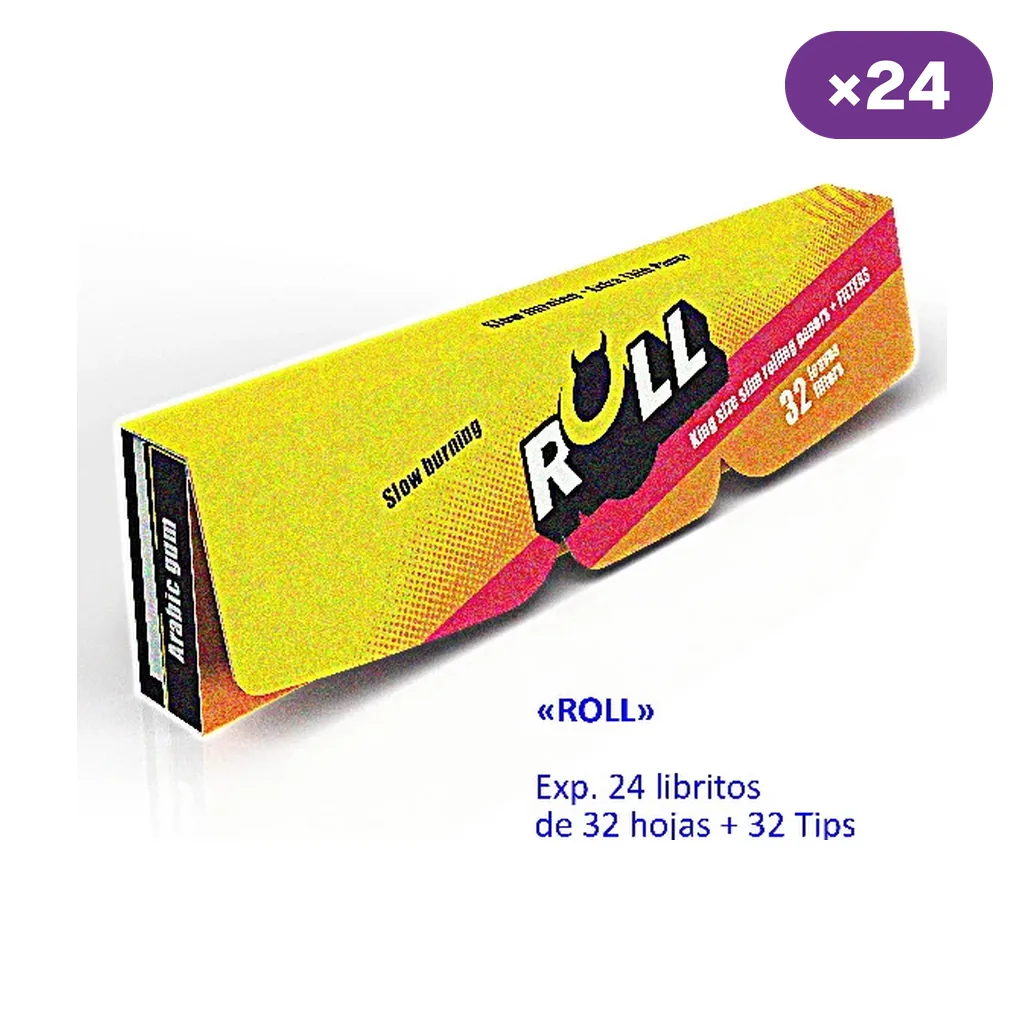 Caja amarilla y rosa de papel de liar Roll Slow Burning, con indicaciones de 32 hojas y 32 tips por librito y presentación de 24 libritos.