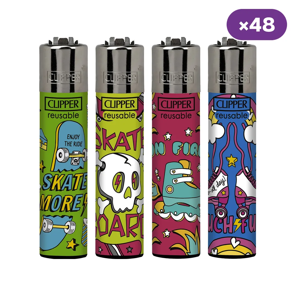 Cuatro diseños de encendedores Clipper con dibujos de monopatines, calavera y patines en colores vivos; distintivo ×48.