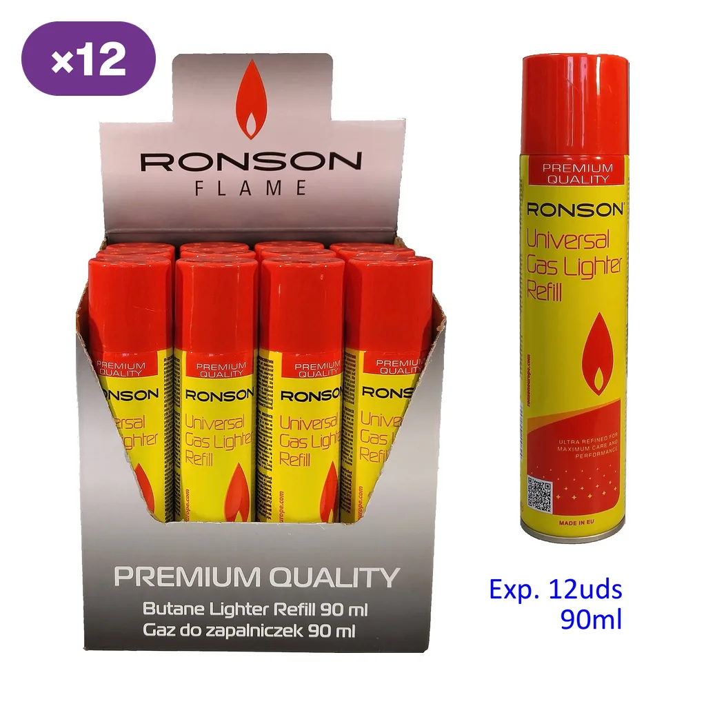 Expositor Ronson con envases amarillos de gas para mecheros y tapones rojos, junto a un envase separado; indica 12 unidades de 90 ml.