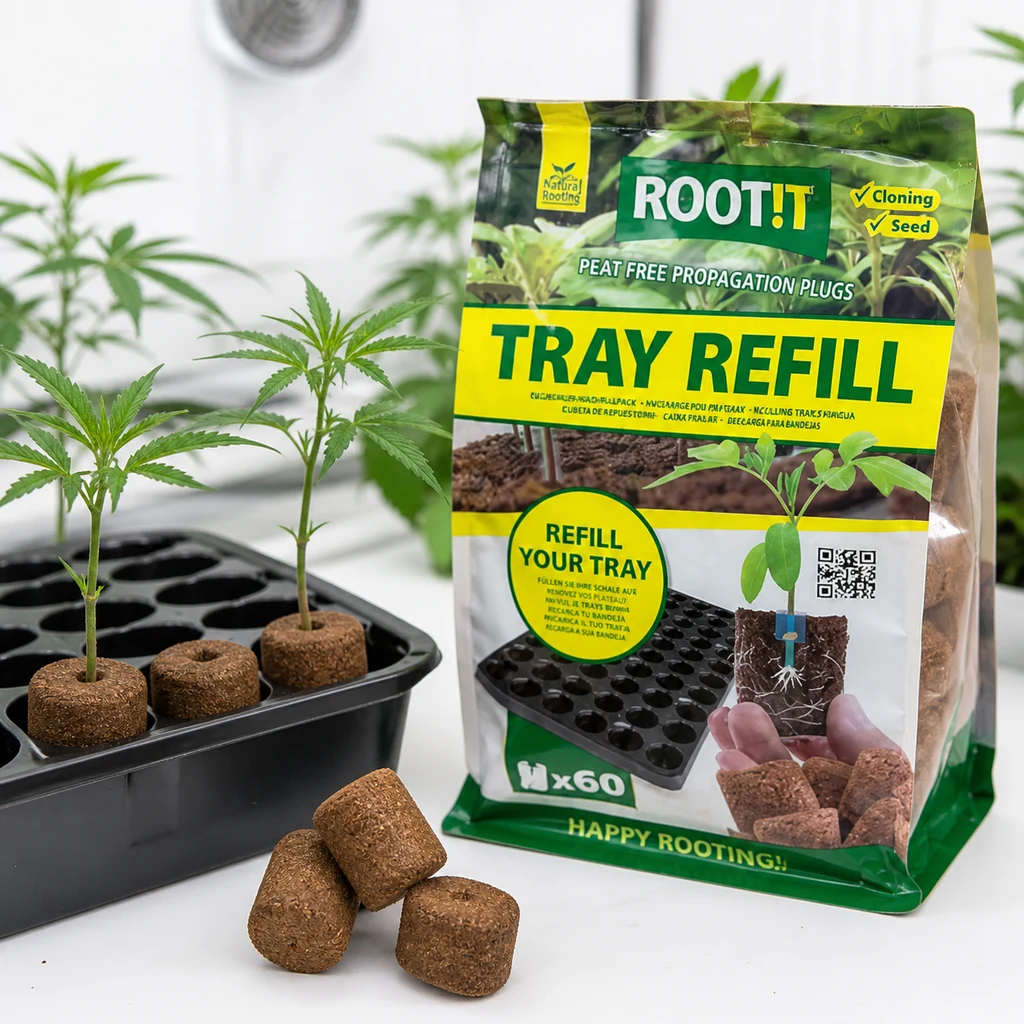 Escena generada con bolsa Root It Natural de 60 unidades, almohadillas marrones sueltas y una bandeja con plantas jóvenes.