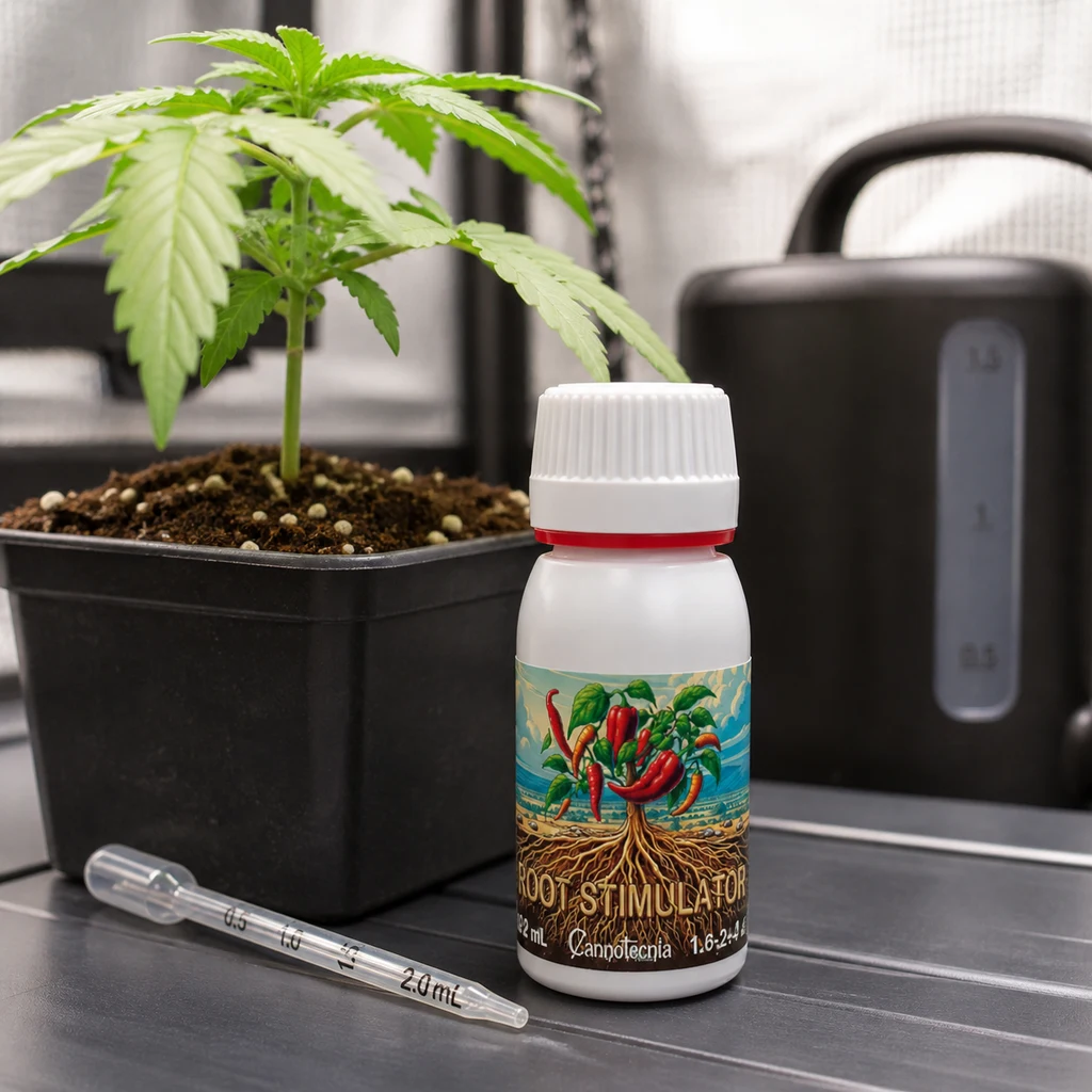 Estimulador de Raíces Cannotecnia junto a una pipeta graduada y una planta en maceta, en una escena de cultivo interior.