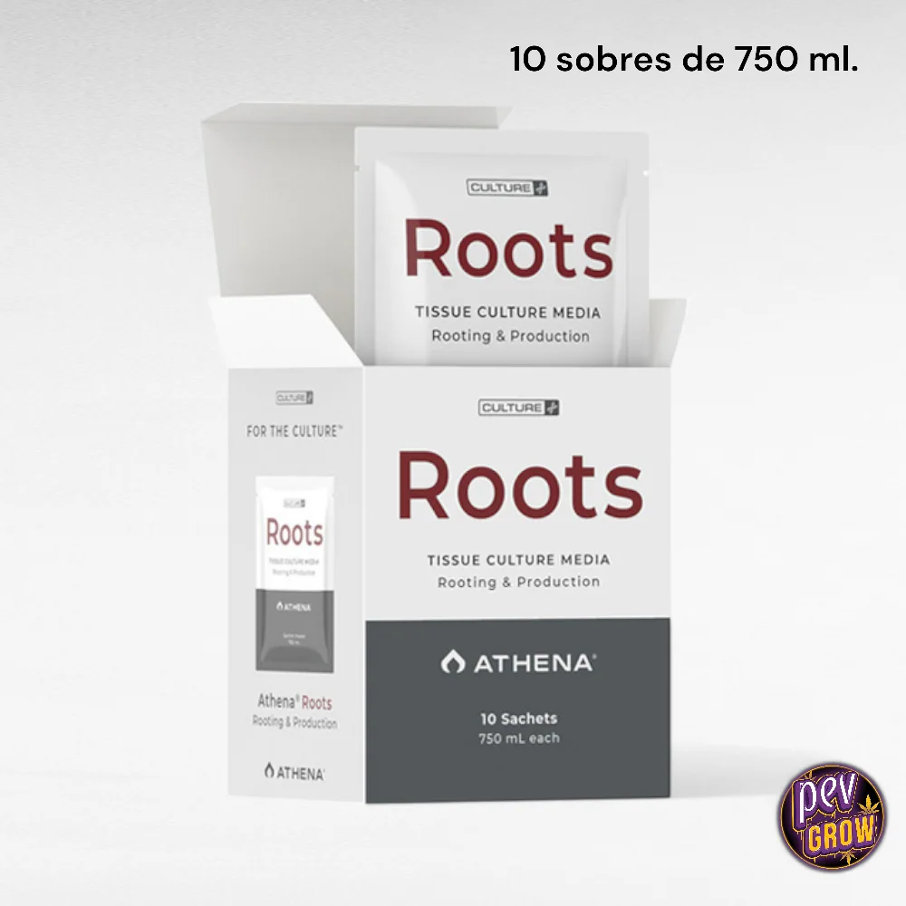 Caja abierta de Roots Culture Media Athena con un sobre blanco visible y etiquetas que indican 10 sobres de 750 ml.