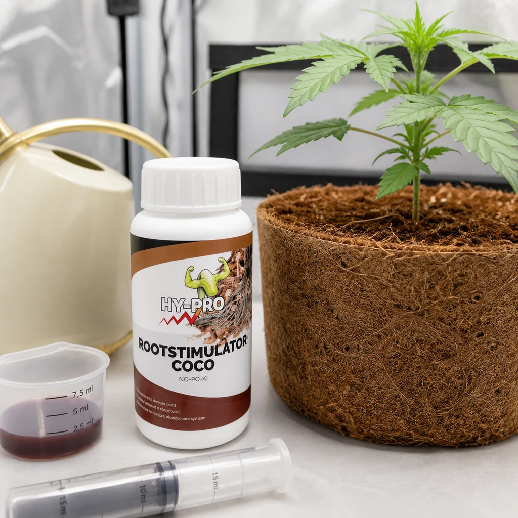 Bote de Rootstimulator Coco HY-PRO junto a una planta en recipiente de fibra, un vaso con líquido oscuro, una jeringa y una regadera. Bote de Rootstimulator Coco HY-PRO junto a una planta en recipiente de fibra, un vaso con líquido oscuro, una jeringa y una regadera.