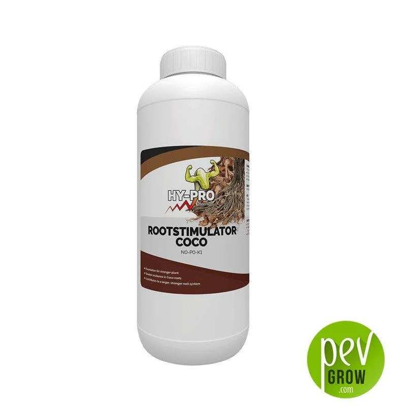 Botella blanca de Rootstimulator Coco HY-PRO con tapón estriado y etiqueta marrón con una fotografía de raíces, sobre fondo blanco.
