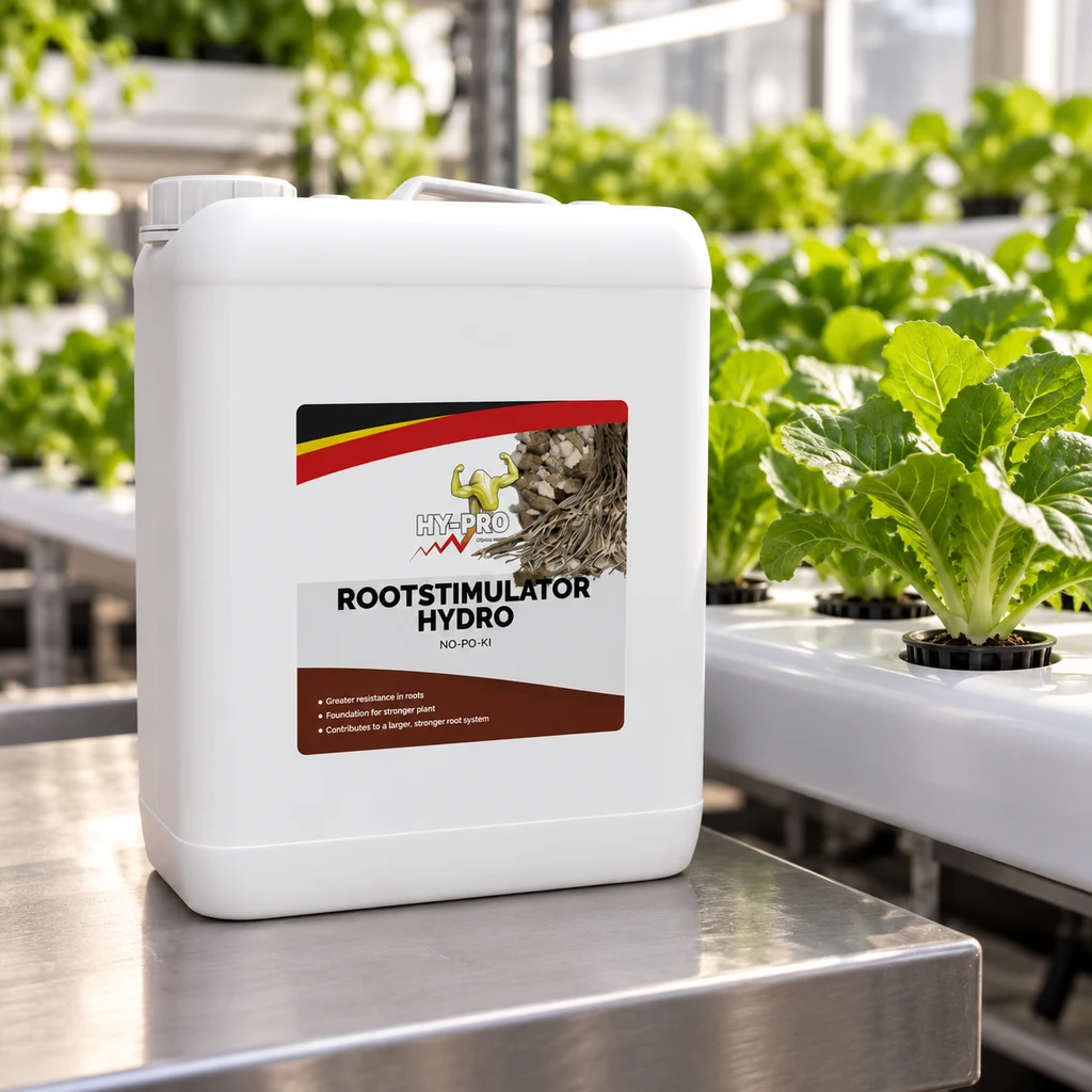 Bidón blanco de HY-PRO Rootstimulator Hydro sobre una mesa metálica, junto a plantas en un sistema de cultivo hidropónico.