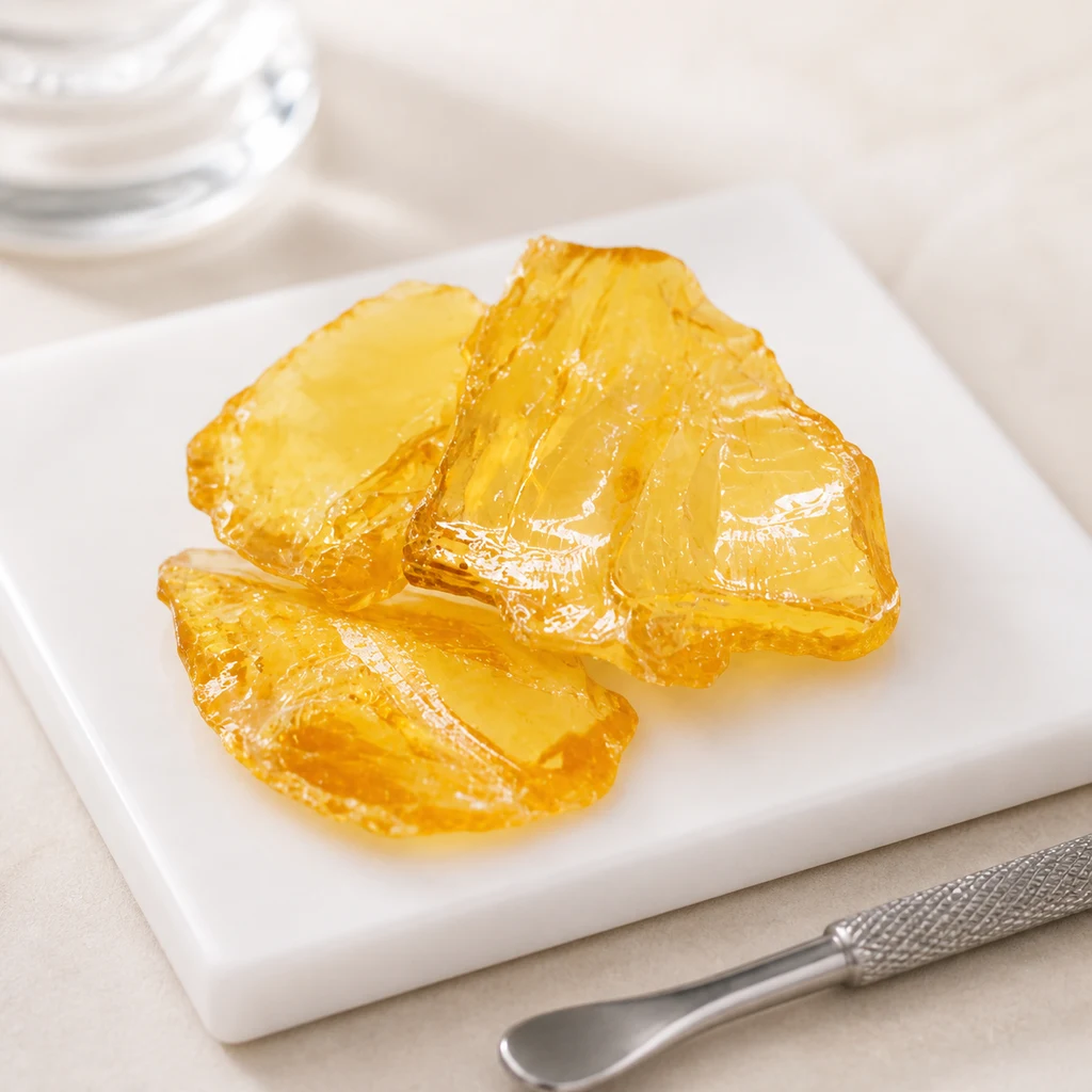 Escena generada de Rosin CBD Wax en fragmentos dorados y translúcidos sobre una base blanca, con una espátula metálica delante.