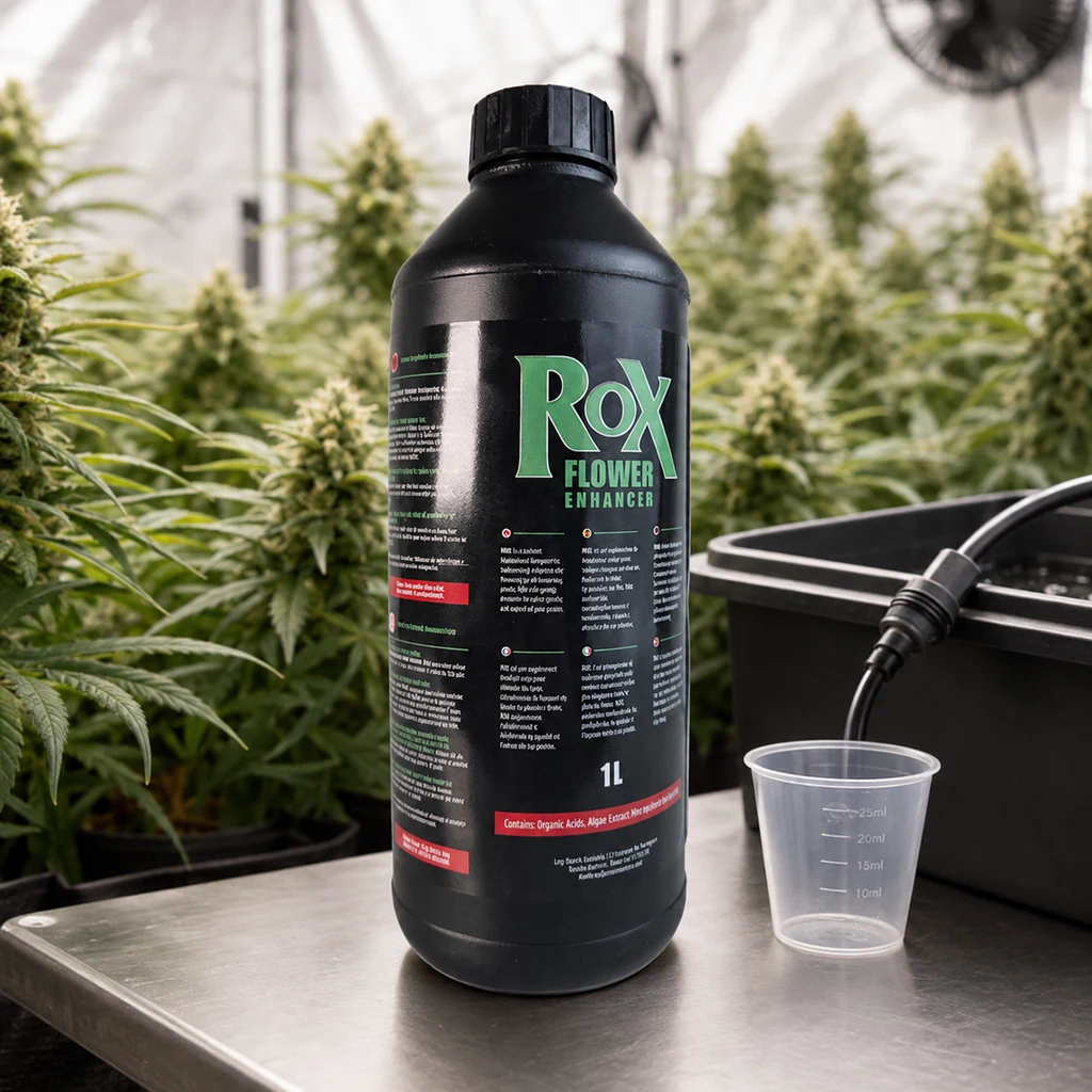 Botella negra de ROX Flower Enhancer de 1 L junto a un vaso graduado, sobre una mesa con plantas de cannabis al fondo.